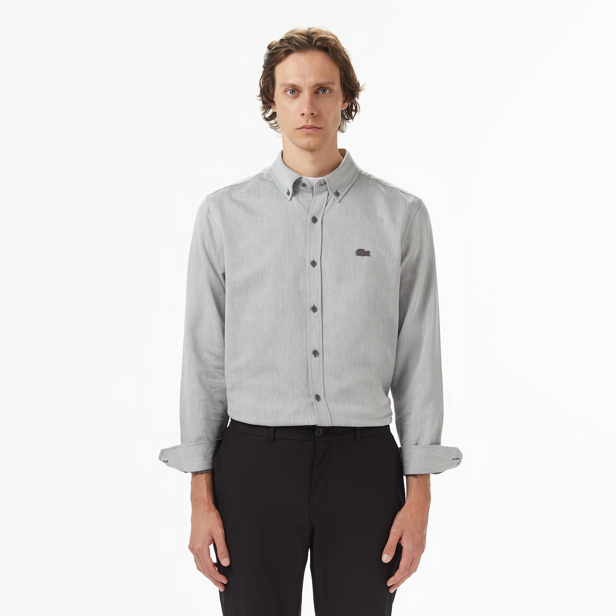  Erkek Regular Fit Düğmeli Yaka Gri Gömlek