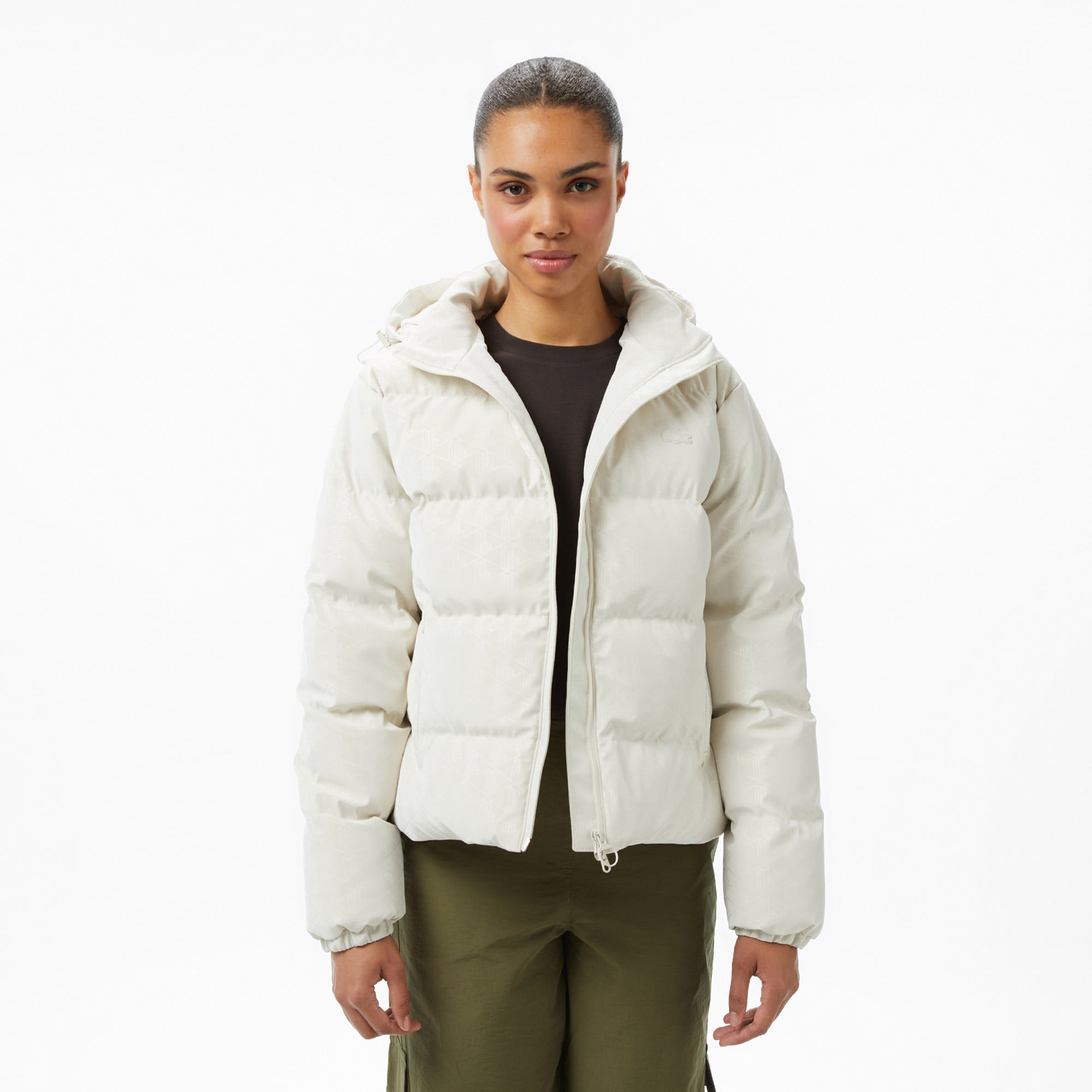  Lacoste Kadın Kapüşonlu Monogram Beyaz Mont