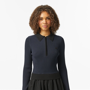  Lacoste Kadın Classic Fit Uzun Kollu Yarım Fermuarlı Çizgili Siyah Elbise