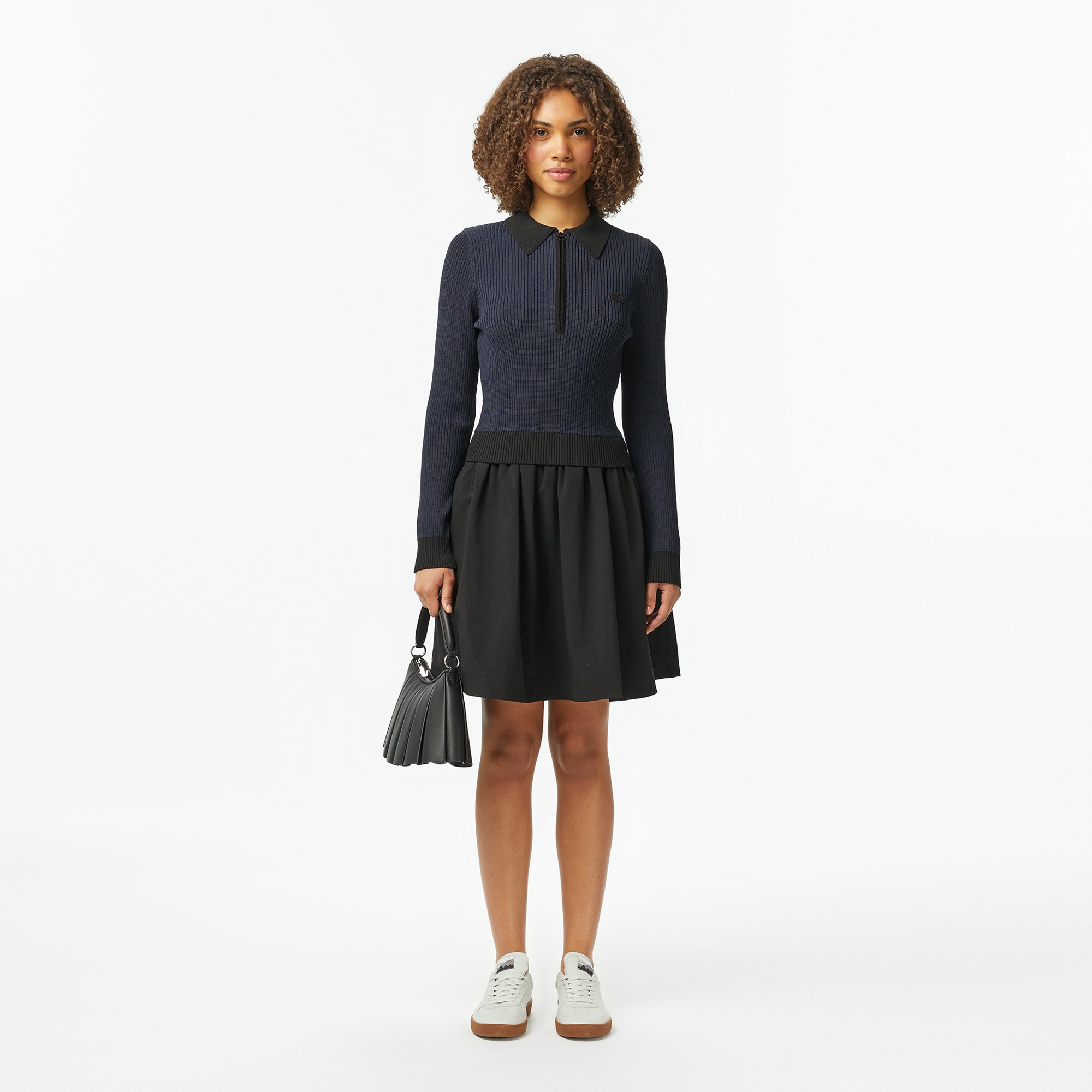 Lacoste Kadın Classic Fit Uzun Kollu Yarım Fermuarlı Çizgili Siyah Elbise