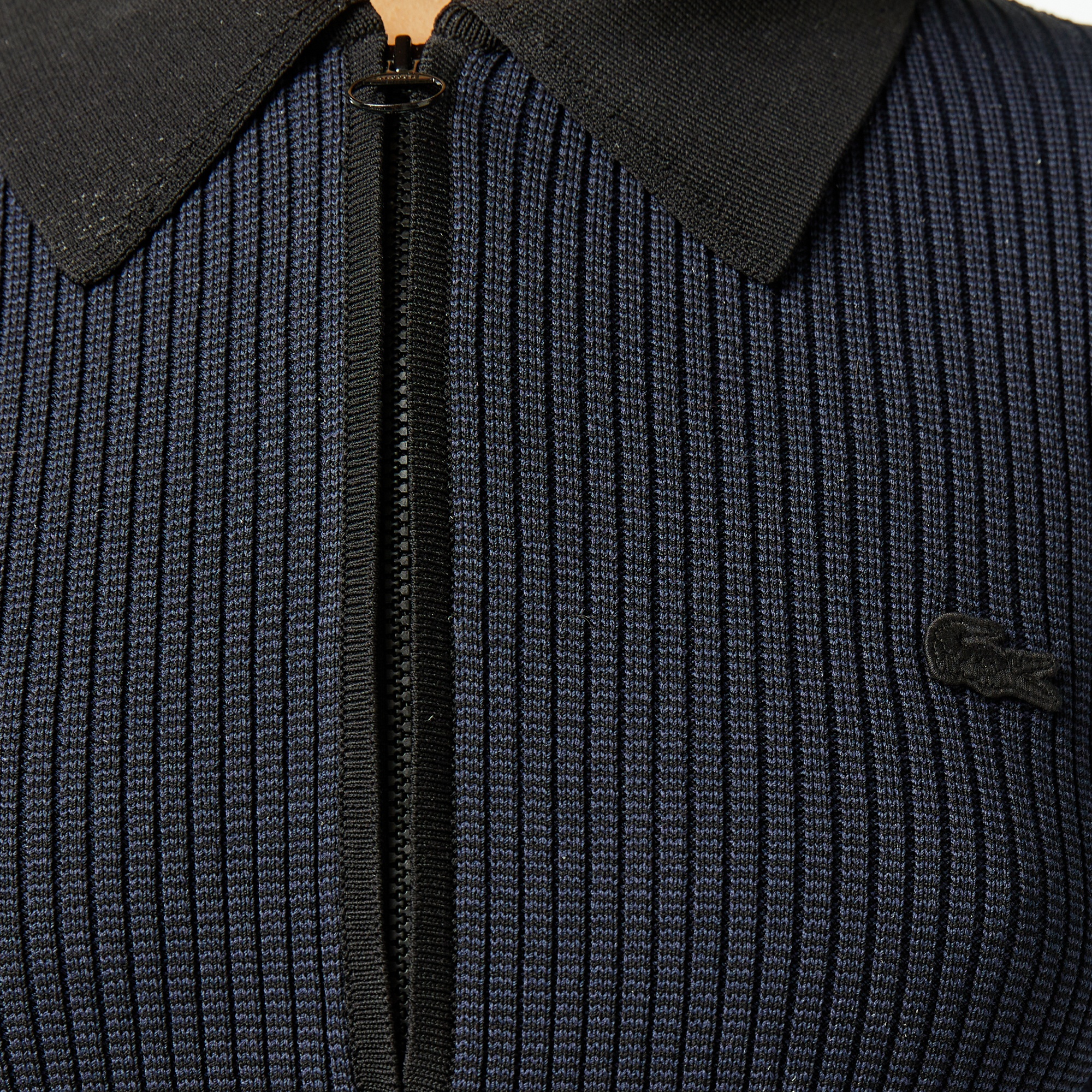 Lacoste Kadın Classic Fit Uzun Kollu Yarım Fermuarlı Çizgili Siyah Elbise