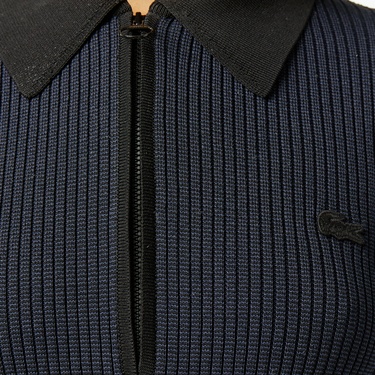  Lacoste Kadın Classic Fit Uzun Kollu Yarım Fermuarlı Çizgili Siyah Elbise