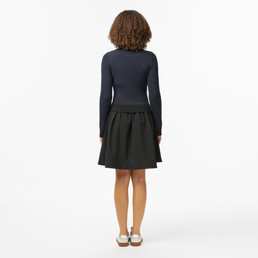  Lacoste Kadın Classic Fit Uzun Kollu Yarım Fermuarlı Çizgili Siyah Elbise