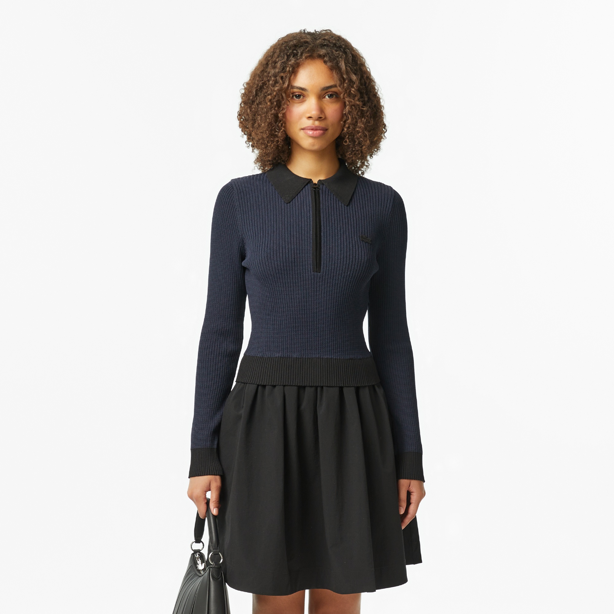 Lacoste Kadın Classic Fit Uzun Kollu Yarım Fermuarlı Çizgili Siyah Elbise