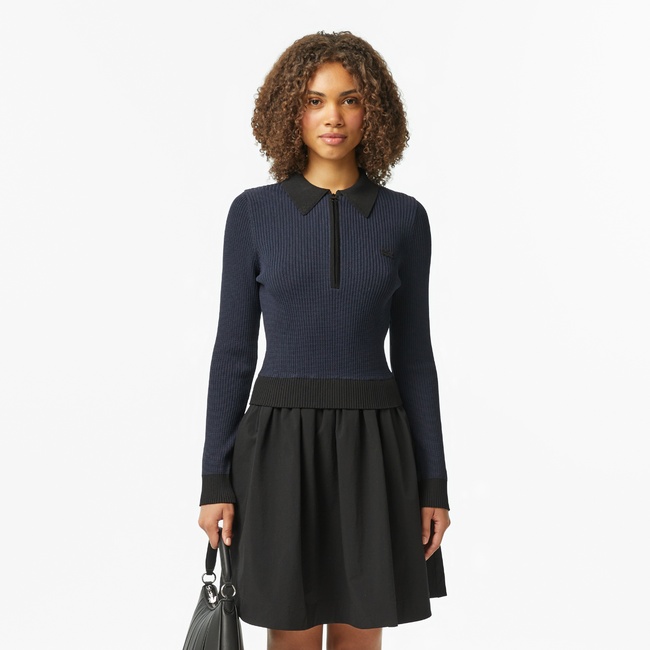  Lacoste Kadın Classic Fit Uzun Kollu Yarım Fermuarlı Çizgili Siyah Elbise