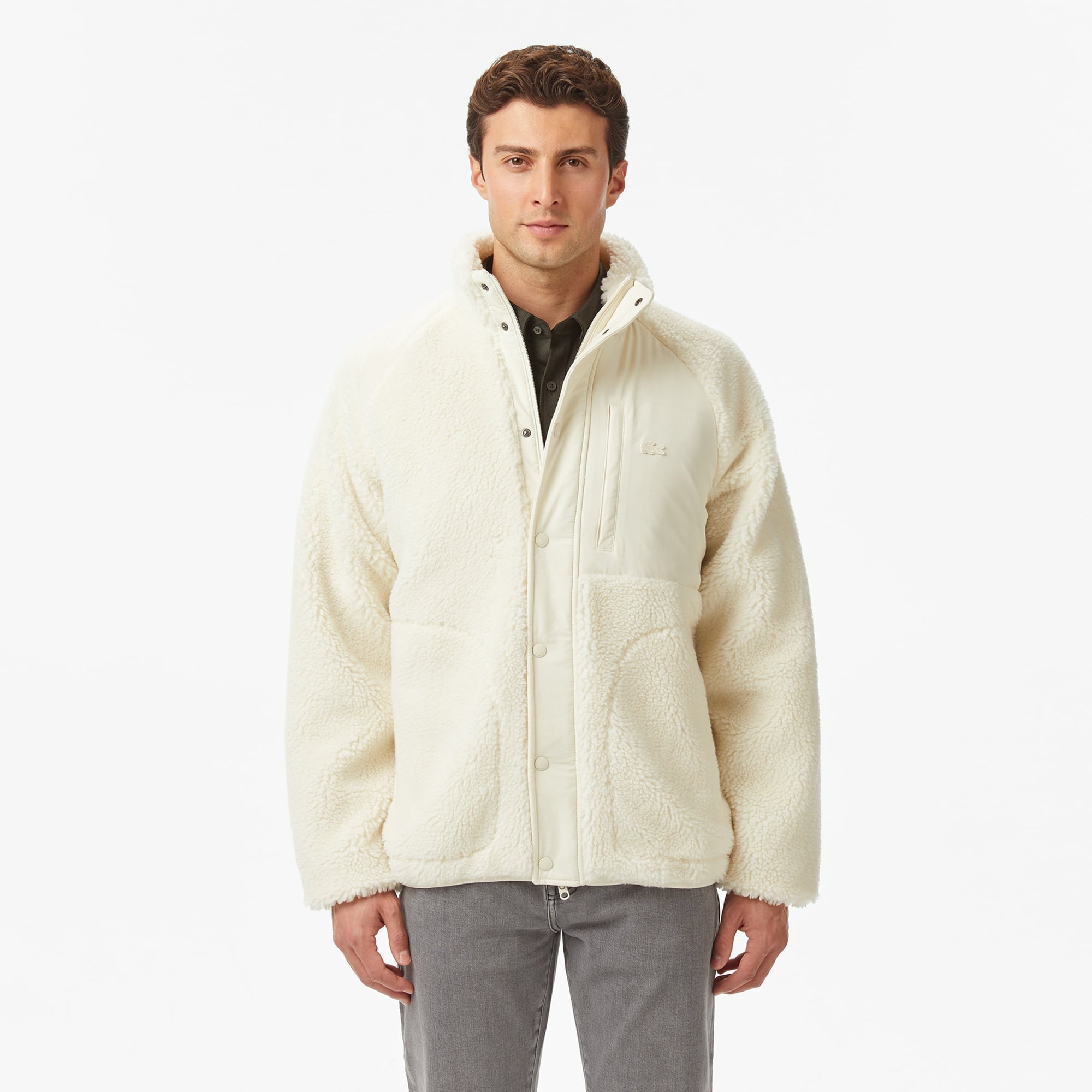 Lacoste Erkek Dik Yaka Renk Bloklu Beyaz Ceket