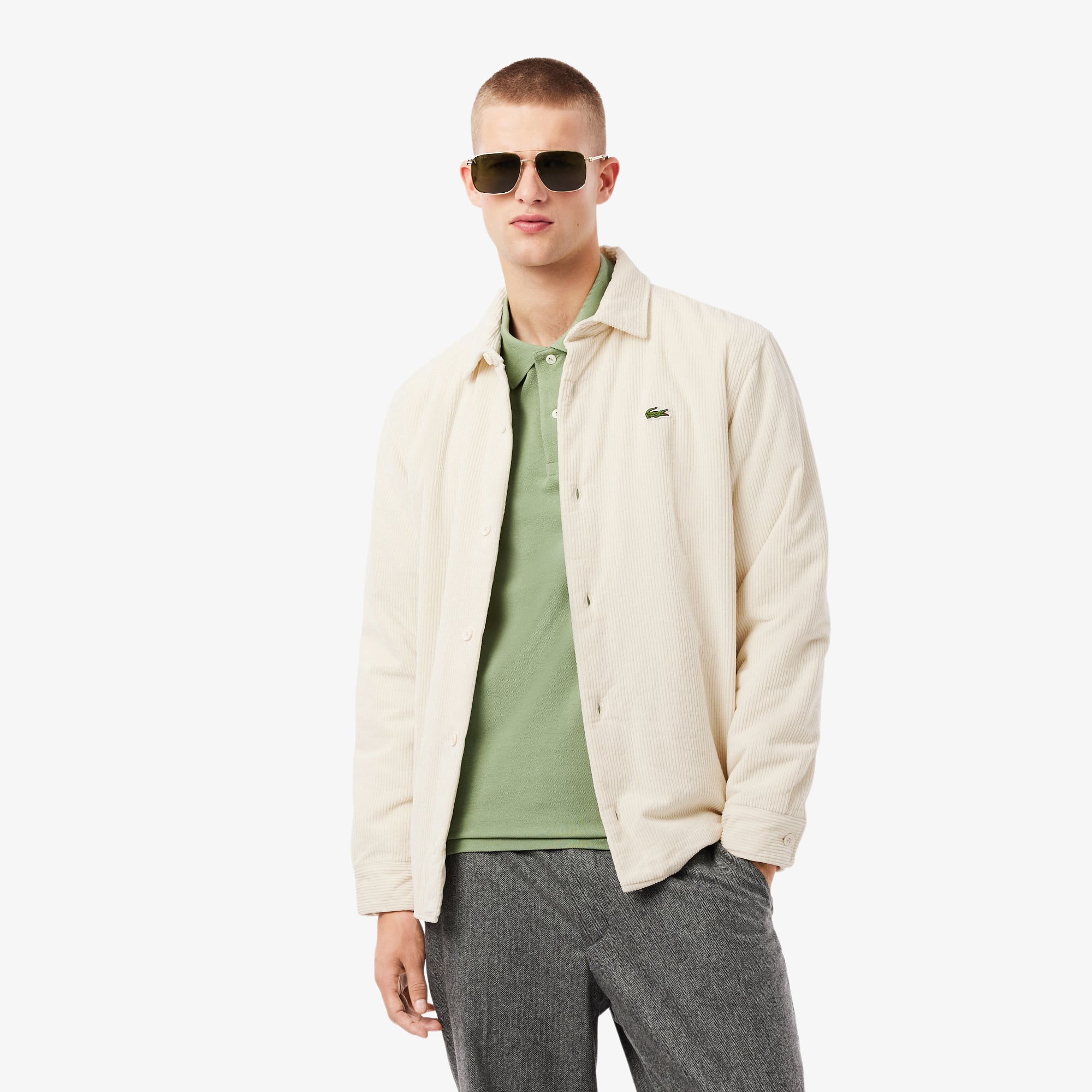  Lacoste Erkek Relaxed Fit Kadife Krem Dış Gömlek