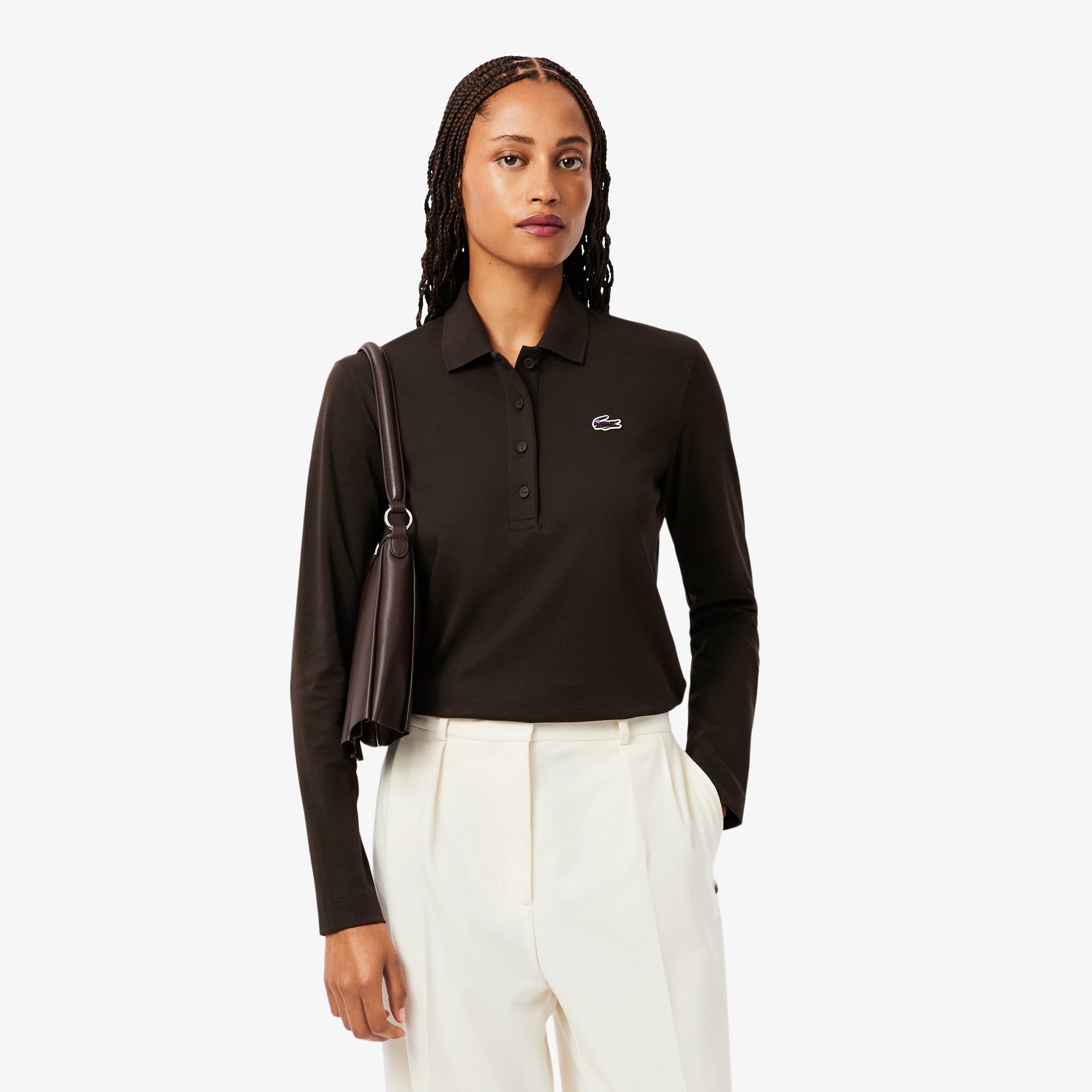 Lacoste Kadın Regular Fit Uzun Kollu Kahverengi Polo