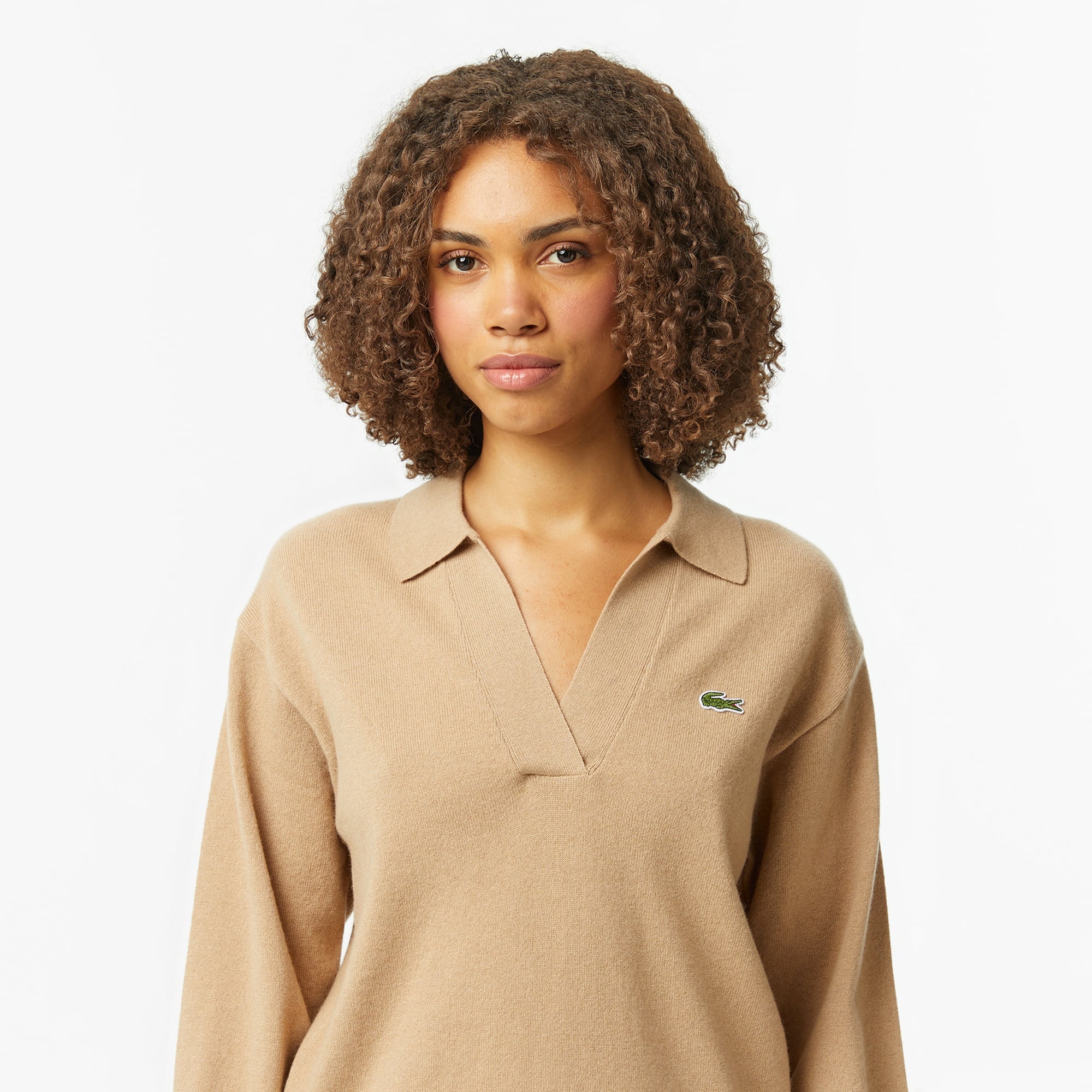 Lacoste Kadın Classic Fit Polo Yaka Bej Kazak