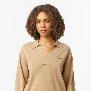  Lacoste Kadın Classic Fit Polo Yaka Bej Kazak