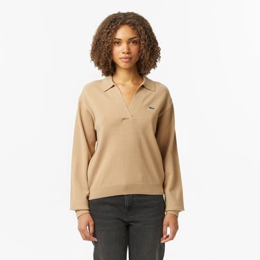  Lacoste Kadın Classic Fit Polo Yaka Bej Kazak