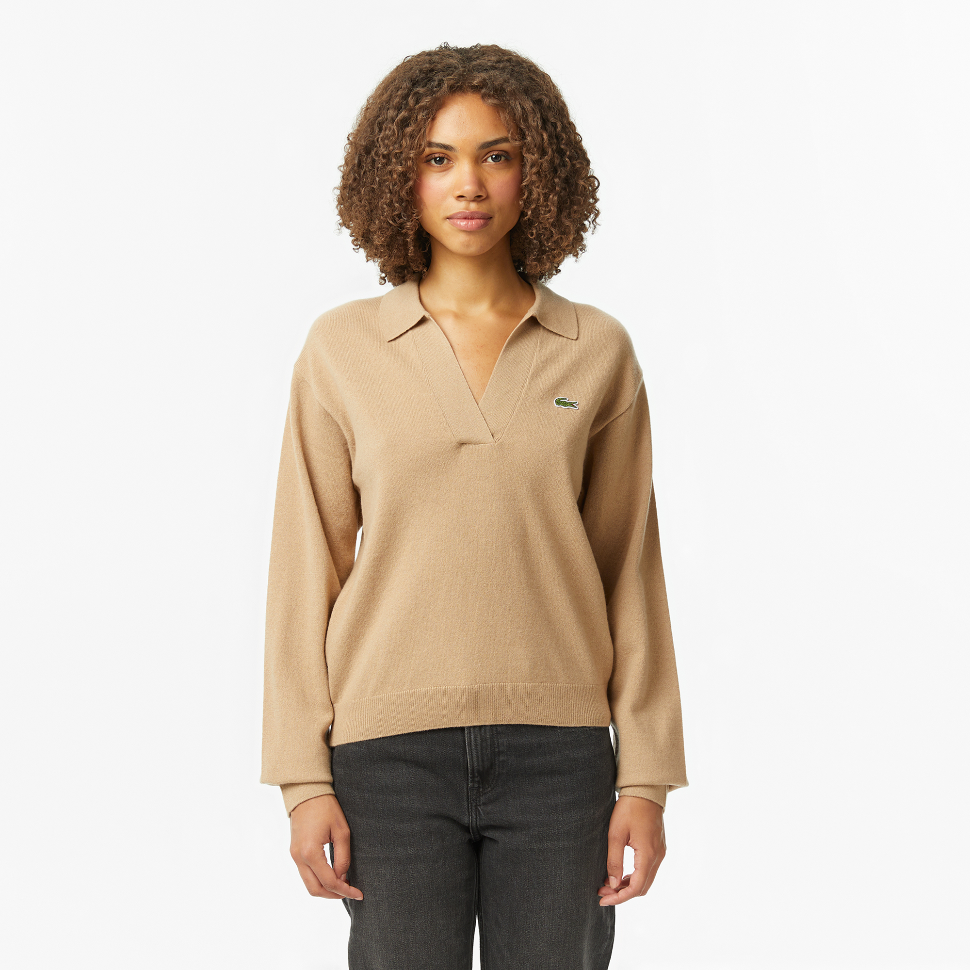  Lacoste Kadın Classic Fit Polo Yaka Bej Kazak