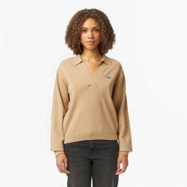  Lacoste Kadın Classic Fit Polo Yaka Bej Kazak
