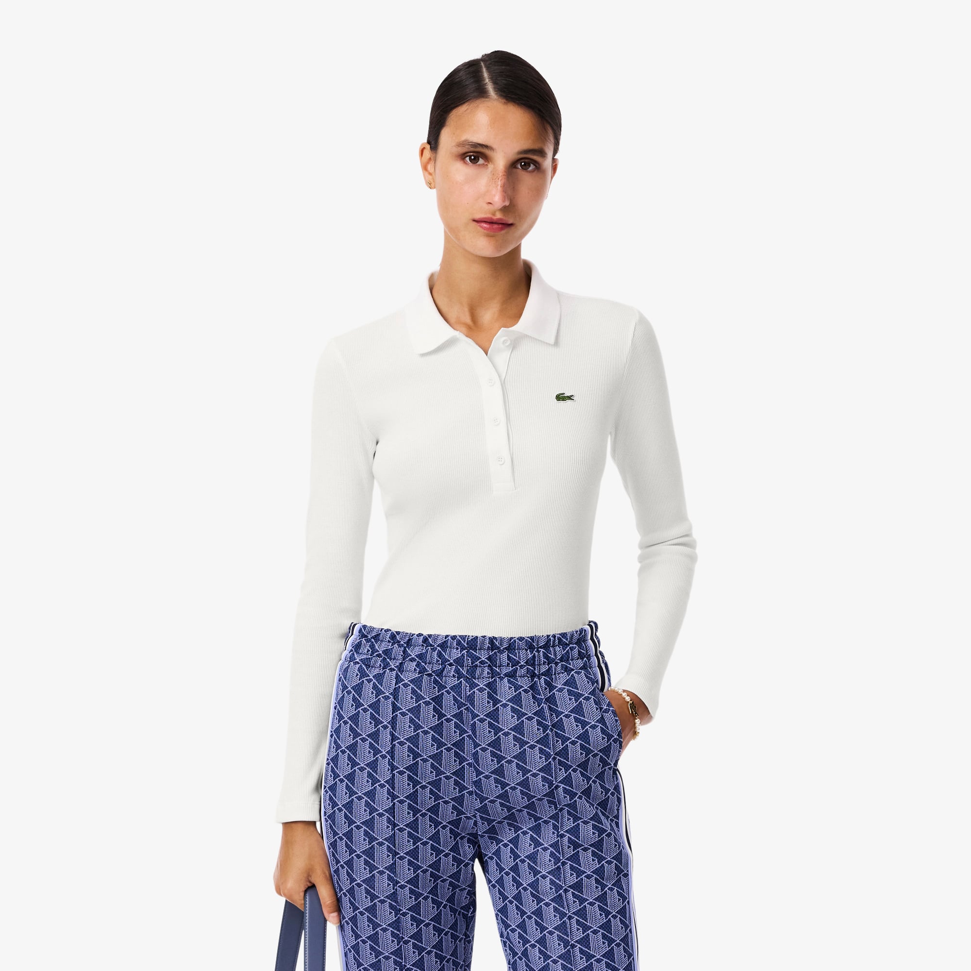  Lacoste L.12.D Kadın Slim Fit Uzun Kollu Beyaz Polo