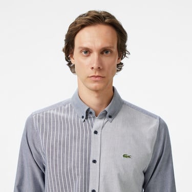  Lacoste Erkek Slim Fit Düğmeli Yaka Renk Bloklu Lacivert Gömlek