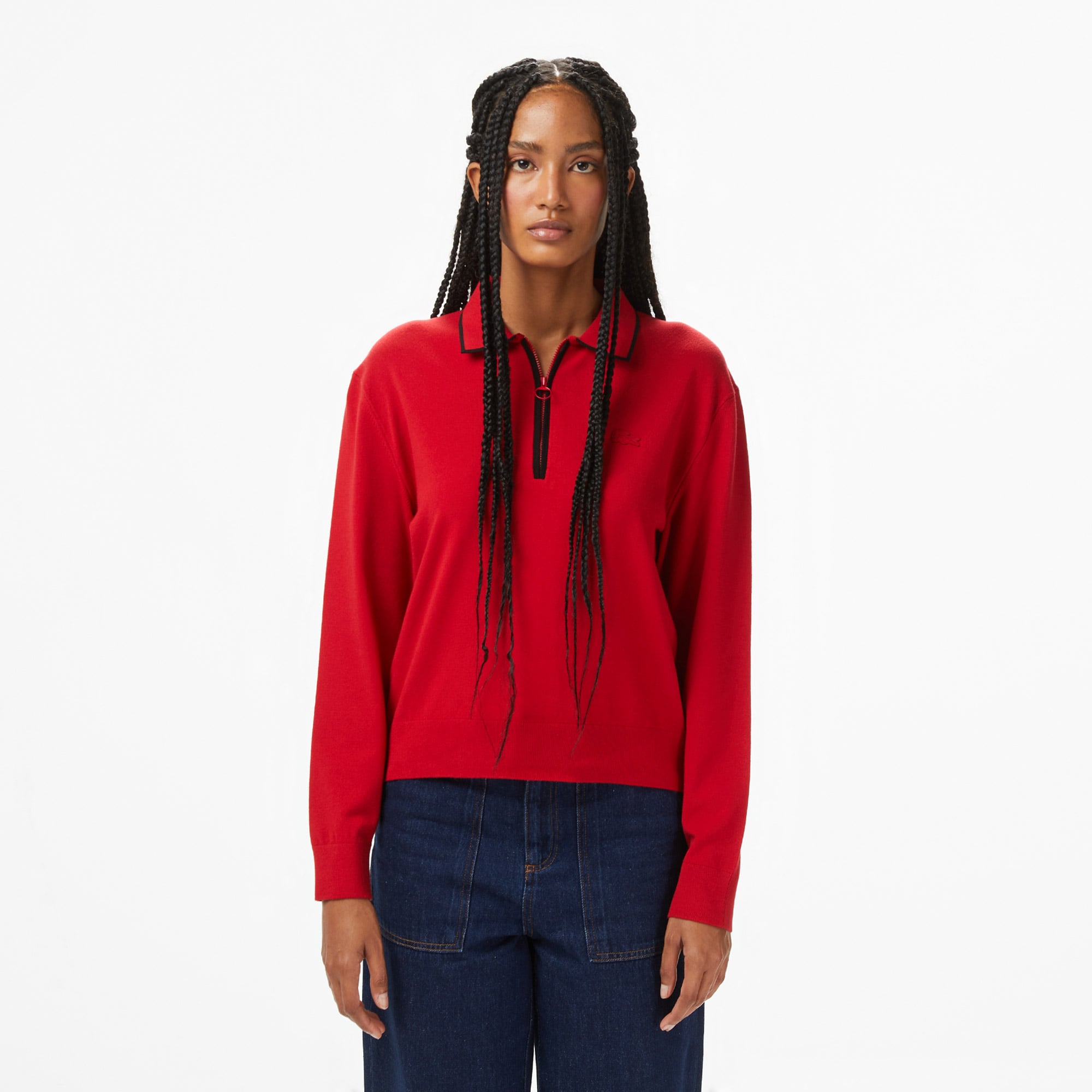  Kadın Regular Fit Polo Yaka Kırmızı Kazak