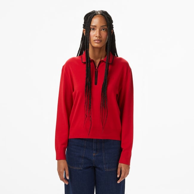  Kadın Regular Fit Polo Yaka Kırmızı Kazak