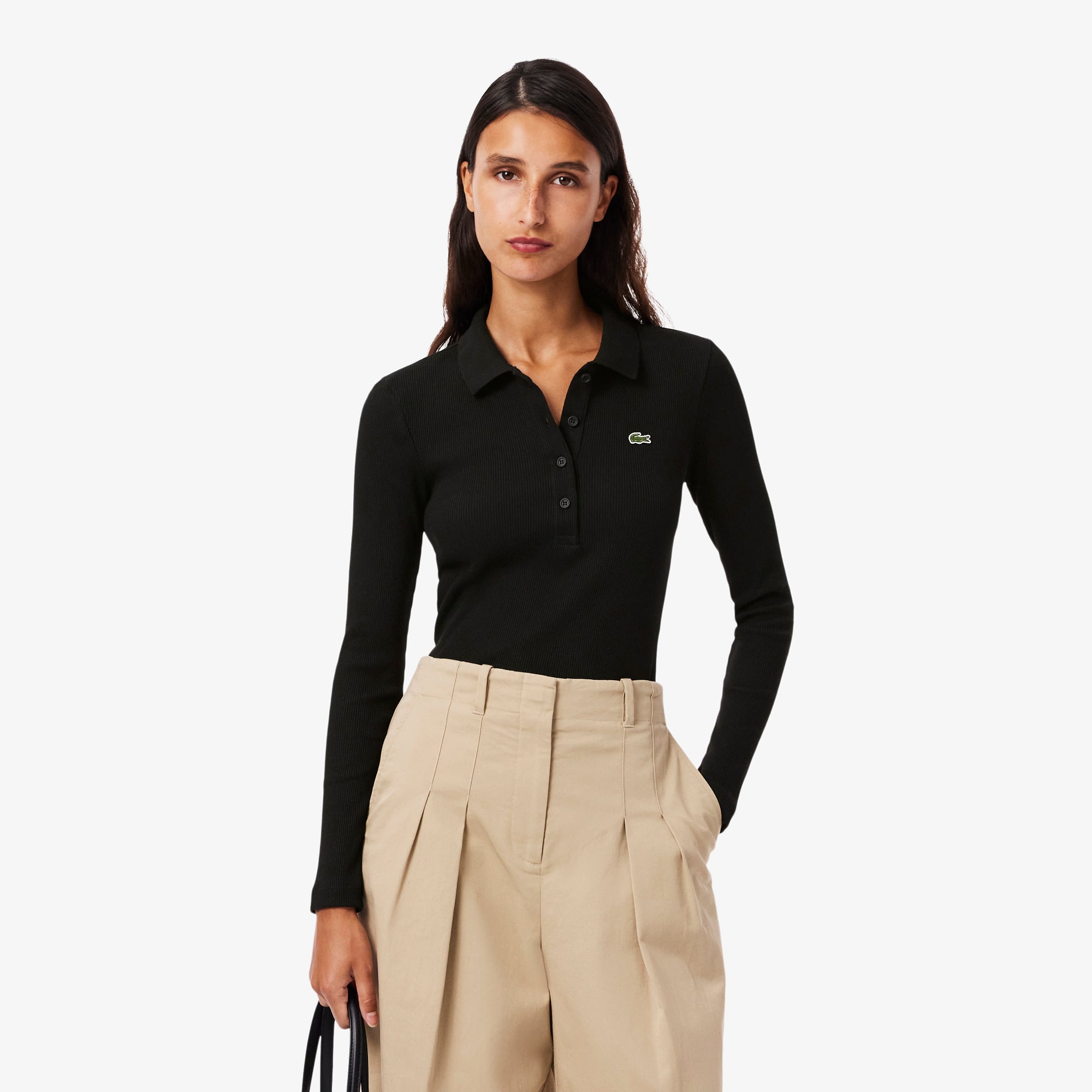  Lacoste L.12.D Kadın Slim Fit Uzun Kollu Siyah Polo