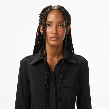  Lacoste Kadın Slim Fit Uzun Kollu Siyah Elbise