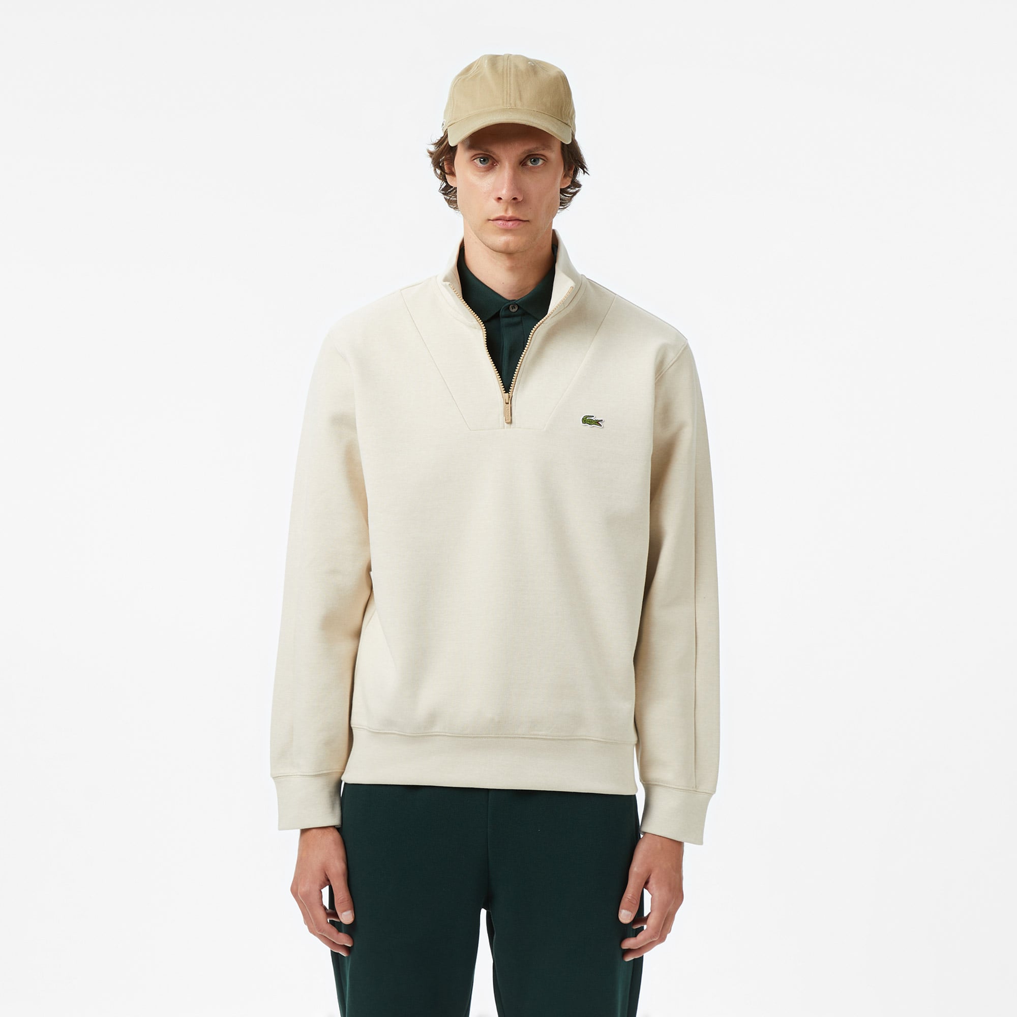  Lacoste Erkek Classic Fit Yarım Fermuarlı Krem Sweatshirt
