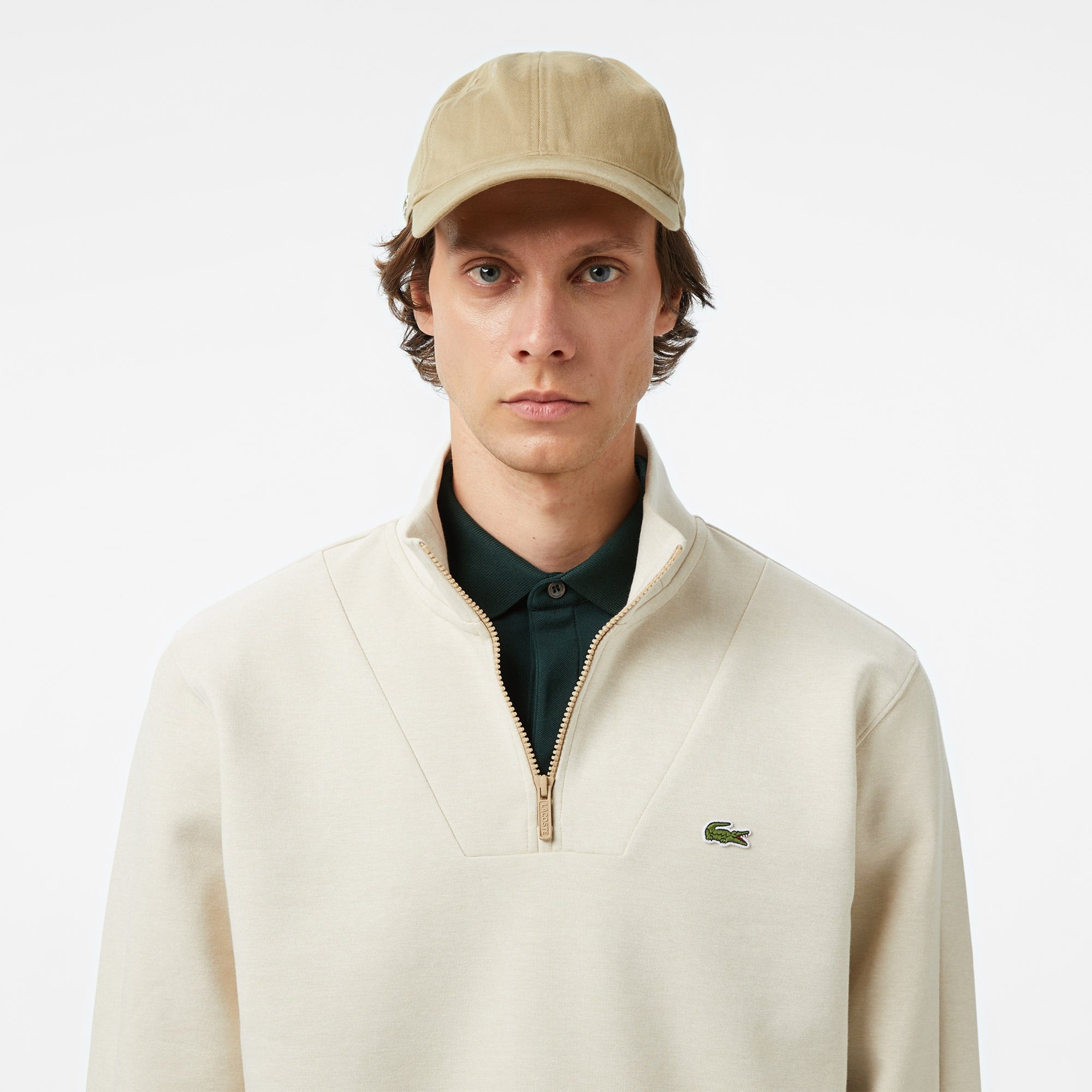 Lacoste Erkek Classic Fit Yarım Fermuarlı Krem Sweatshirt