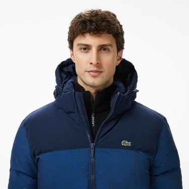  Lacoste Erkek Kapüşonlu Renk Bloklu Lacivert Mont