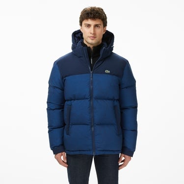  Lacoste Erkek Kapüşonlu Renk Bloklu Lacivert Mont