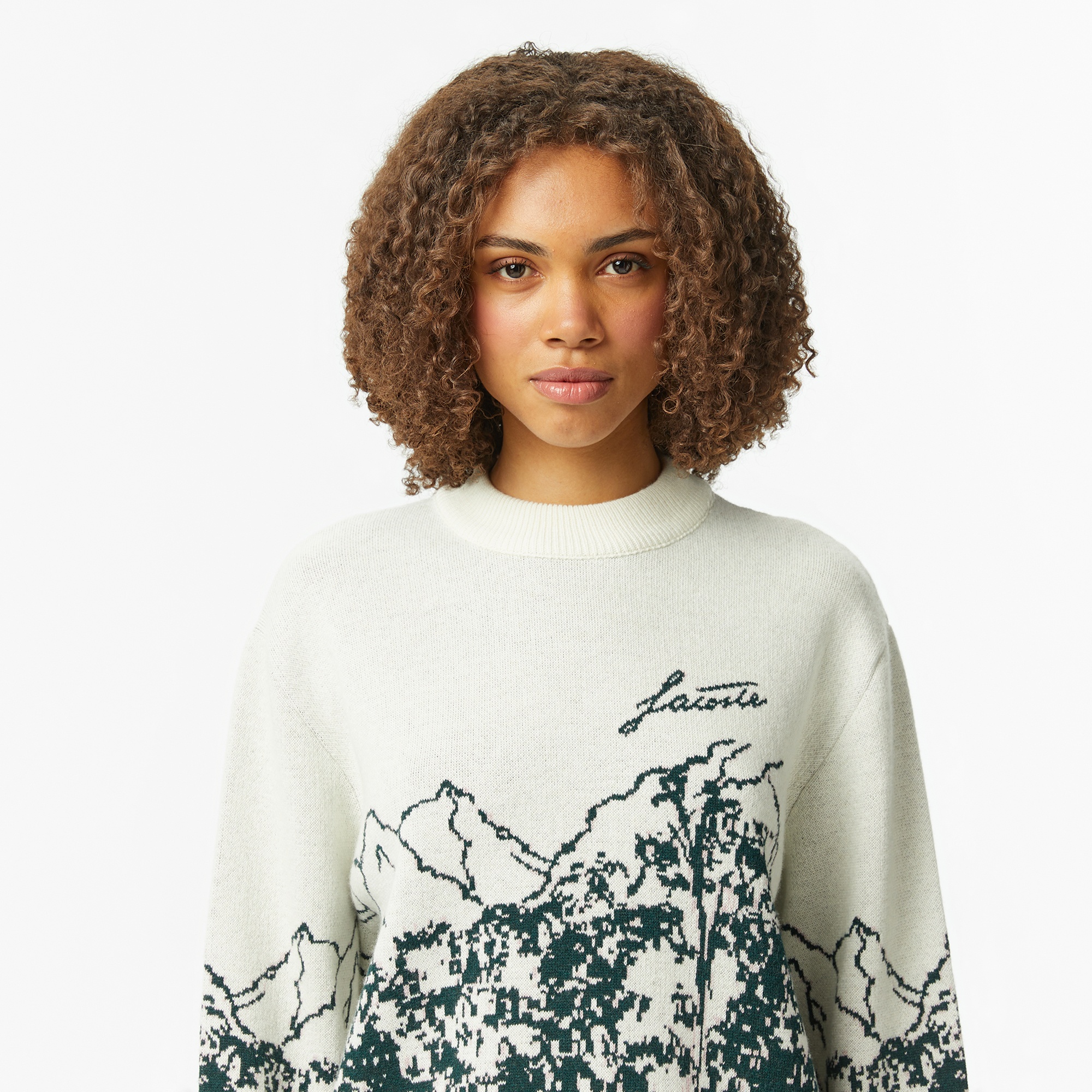 Lacoste Kadın Relaxed Fit Bisiklet Yaka Desenli Krem Kazak