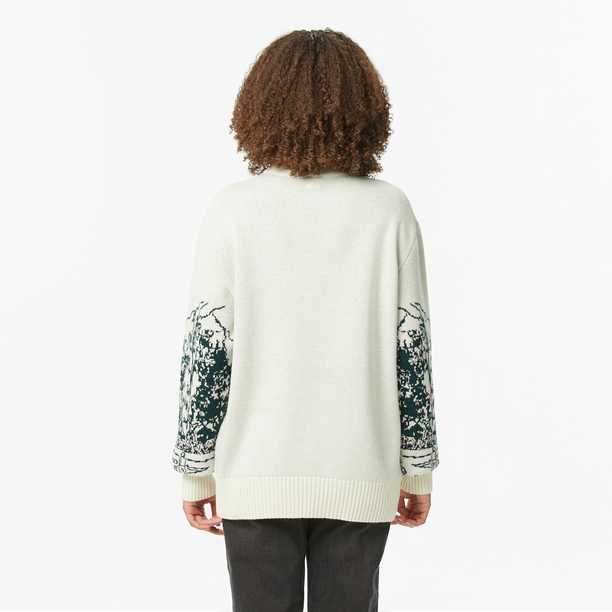 Lacoste Kadın Relaxed Fit Bisiklet Yaka Desenli Krem Kazak