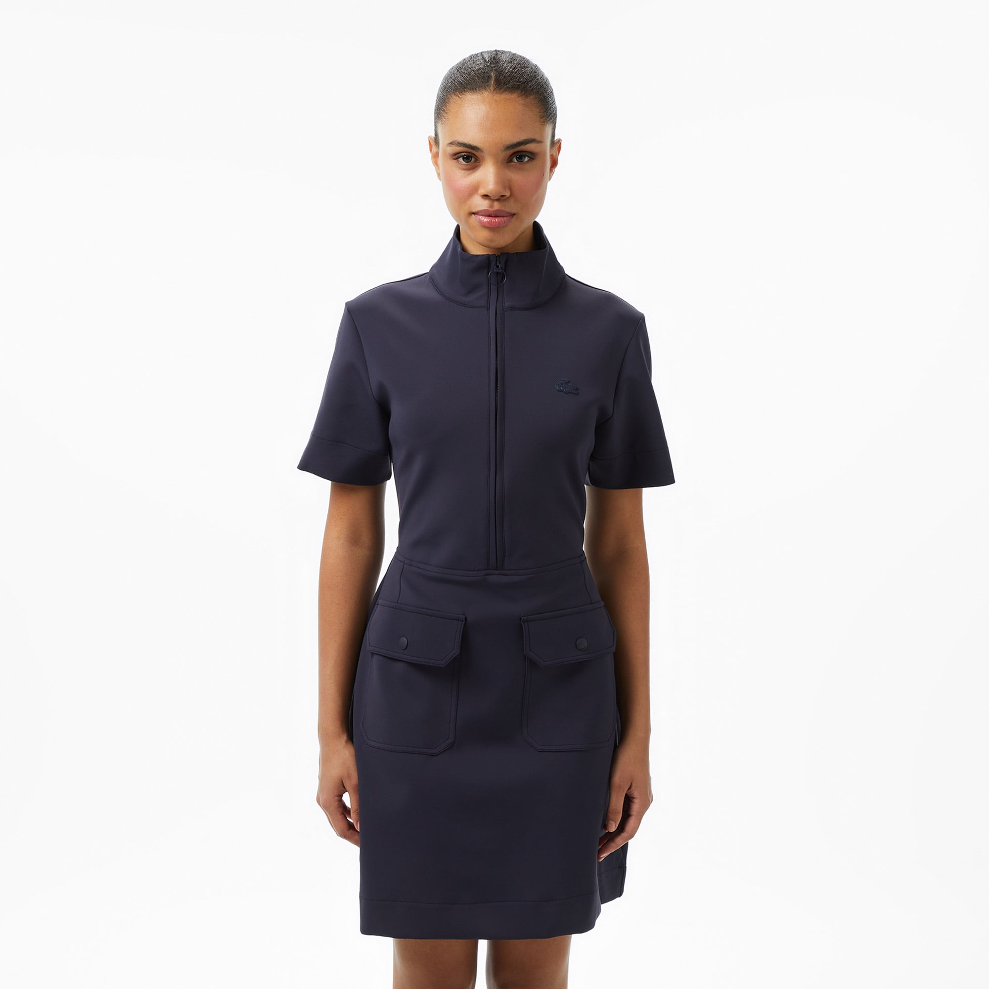  Lacoste Kadın Classic Fit Kısa Kollu Dik Yaka Koyu Mavi Elbise