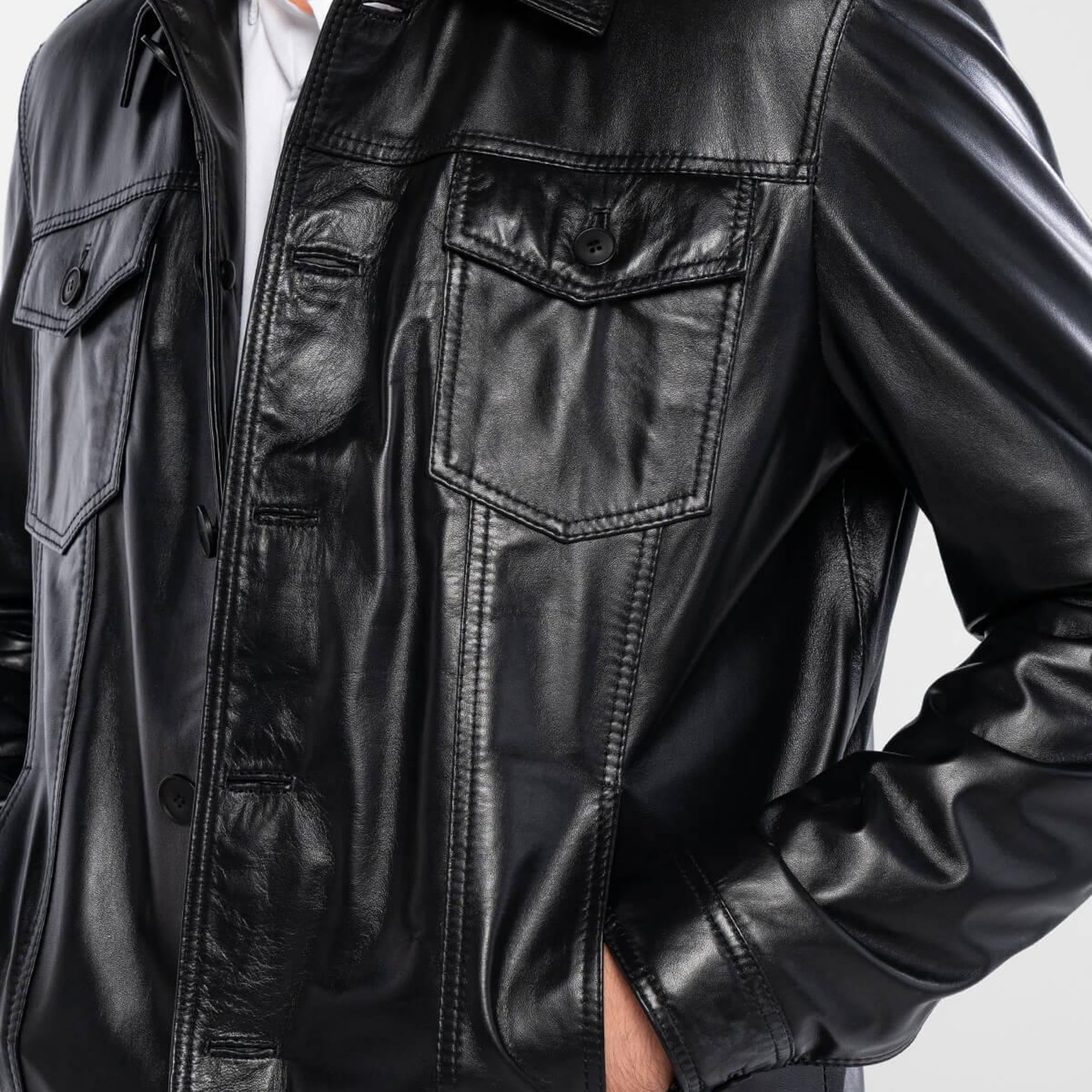 Tamer Tanca Erkek Hakiki Deri Siyah Deri Deri Mont