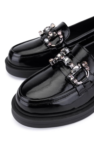  Tamer Tanca Kadın Hakiki Deri Siyah Rugan Loafer Ayakkabı