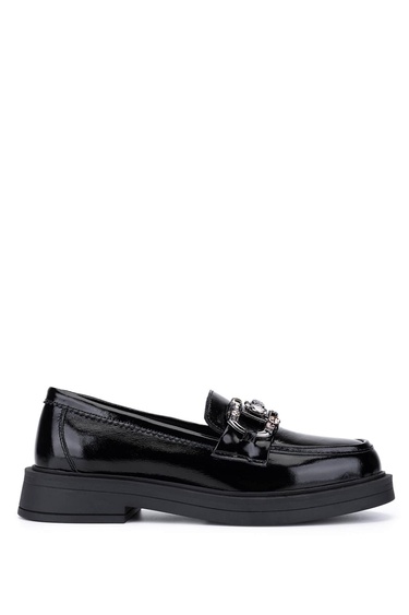  Tamer Tanca Kadın Hakiki Deri Siyah Rugan Loafer Ayakkabı