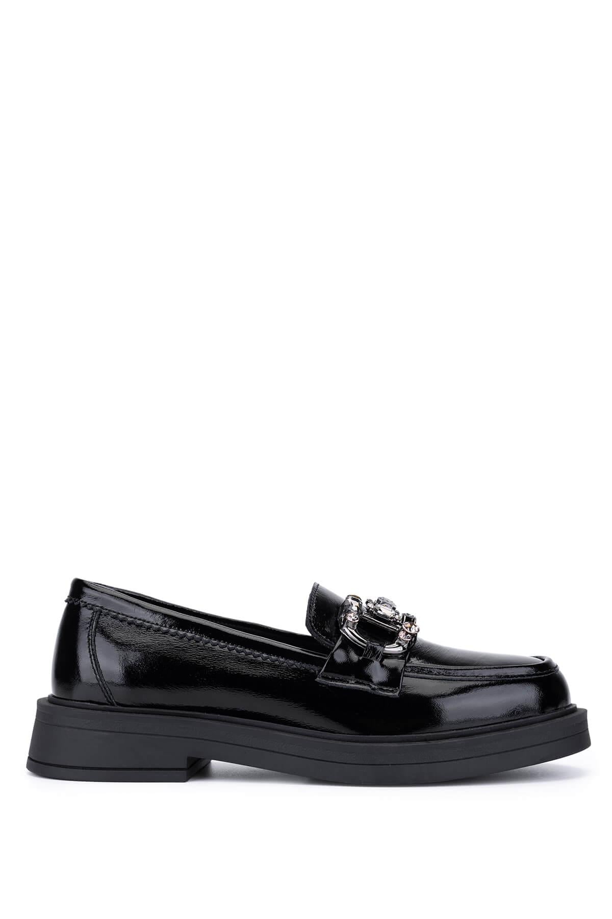  Tamer Tanca Kadın Hakiki Deri Siyah Rugan Loafer Ayakkabı