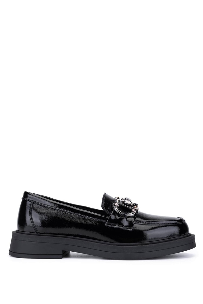  Tamer Tanca Kadın Hakiki Deri Siyah Rugan Loafer Ayakkabı