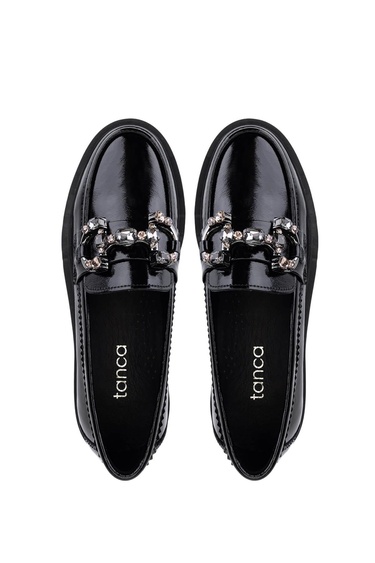  Tamer Tanca Kadın Hakiki Deri Siyah Rugan Loafer Ayakkabı