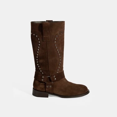  Kadın Kahve Zımba Detaylı Süet Deri Çizme