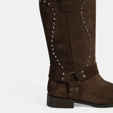  Kadın Kahve Zımba Detaylı Süet Deri Çizme