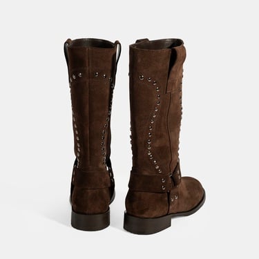  Kadın Kahve Zımba Detaylı Süet Deri Çizme