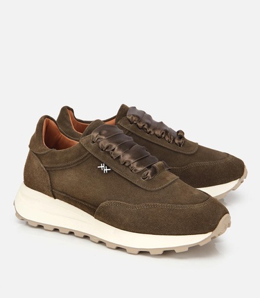  Kadın Süet Deri Haki Bağcık Detaylı Yüksek Tabanlı Spor Ayakkabı