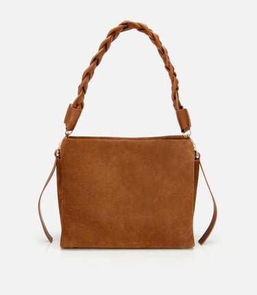  Kadın Süet Deri Taba Örgü Askı Detaylı Omuz Çantası