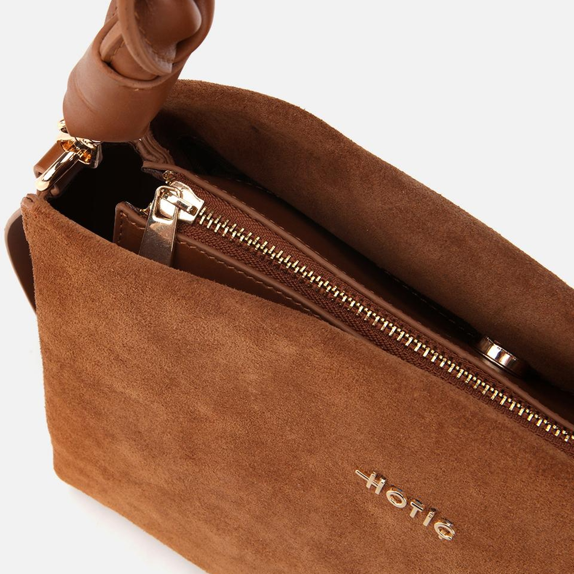 Kadın Süet Deri Taba Örgü Askı Detaylı Omuz Çantası