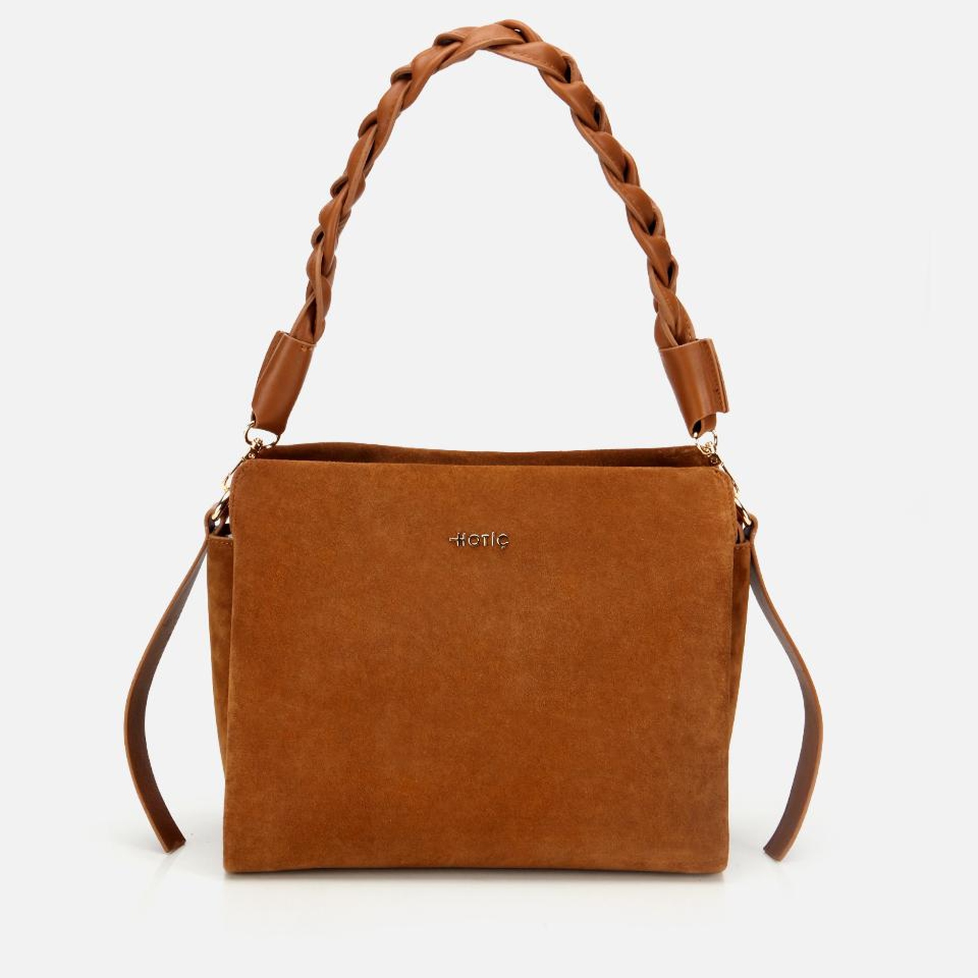 Kadın Süet Deri Taba Örgü Askı Detaylı Omuz Çantası