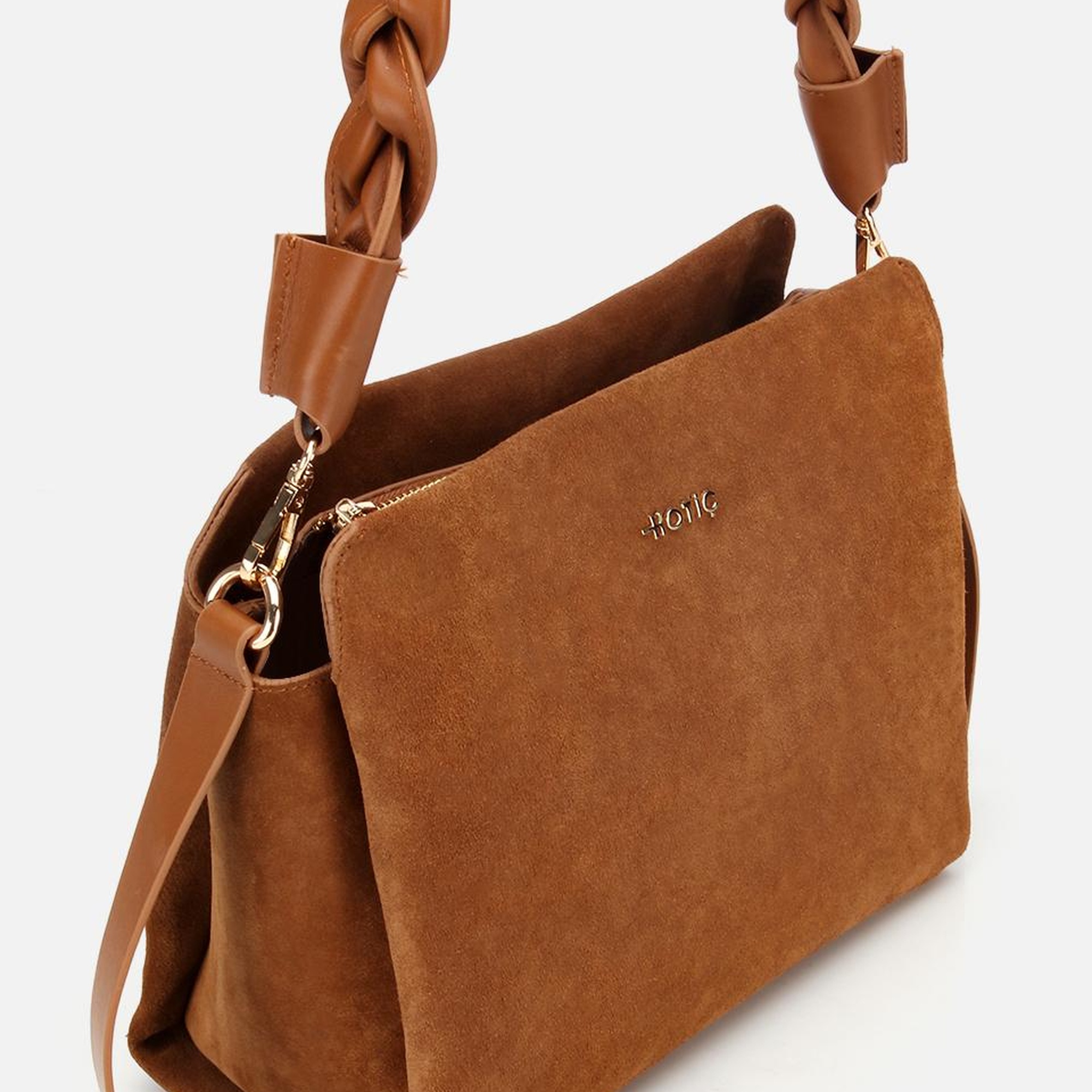 Kadın Süet Deri Taba Örgü Askı Detaylı Omuz Çantası