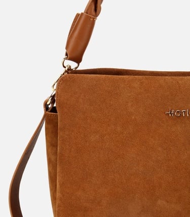  Kadın Süet Deri Taba Örgü Askı Detaylı Omuz Çantası