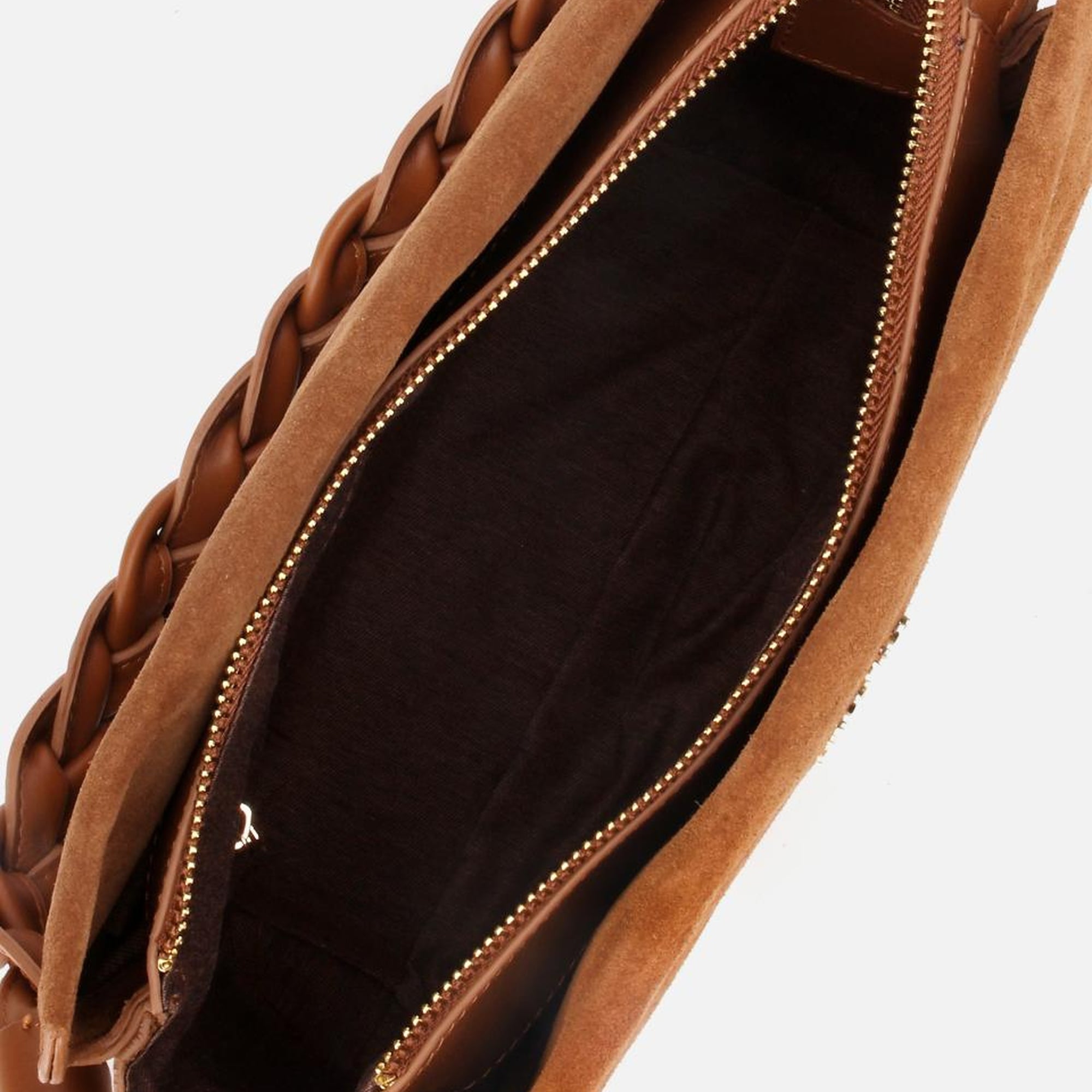 Kadın Süet Deri Taba Örgü Askı Detaylı Omuz Çantası