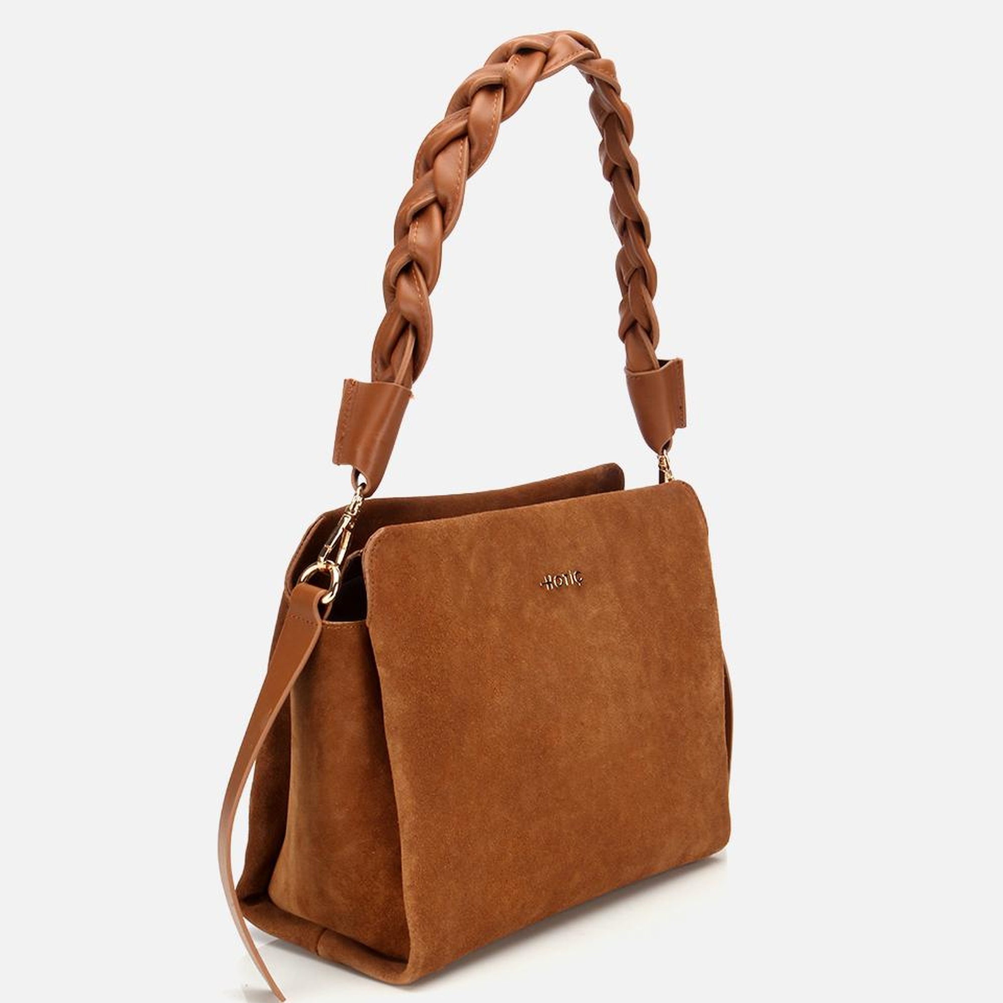 Kadın Süet Deri Taba Örgü Askı Detaylı Omuz Çantası