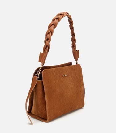  Kadın Süet Deri Taba Örgü Askı Detaylı Omuz Çantası