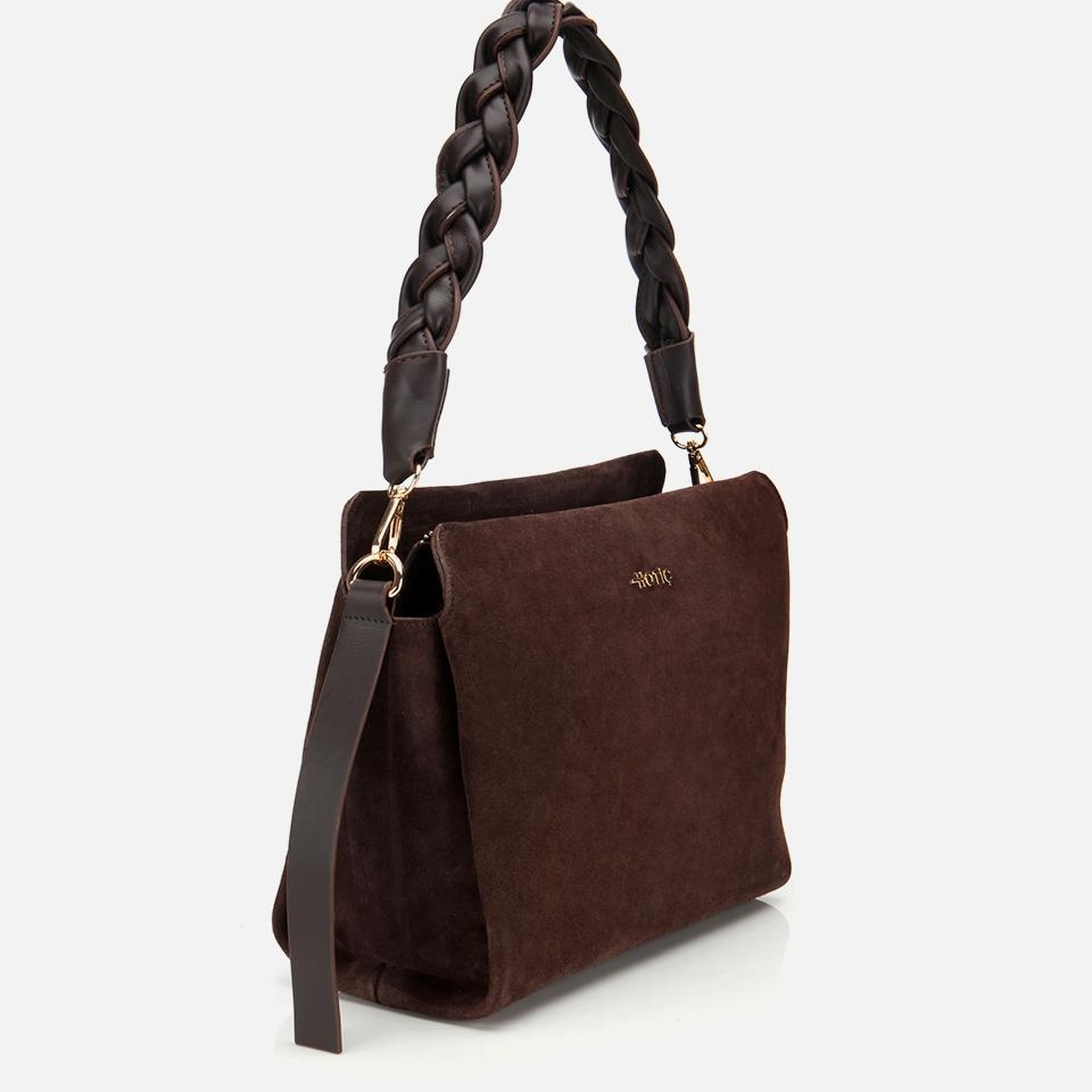 Kadın Süet Deri Kahverengi Örgü Askı Detaylı Omuz Çantası