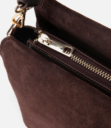  Kadın Süet Deri Kahverengi Örgü Askı Detaylı Omuz Çantası